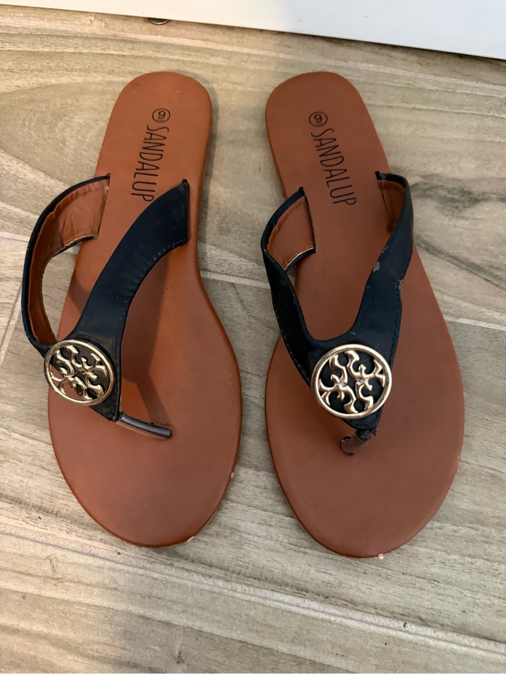 Sandalup Women's Black and Brown Thong Sandals with Gold Medallion